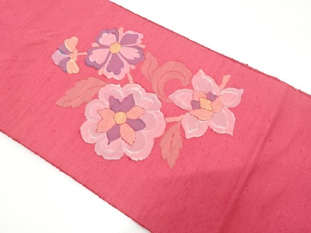 節紬　枝花模様織り出し　名古屋帯